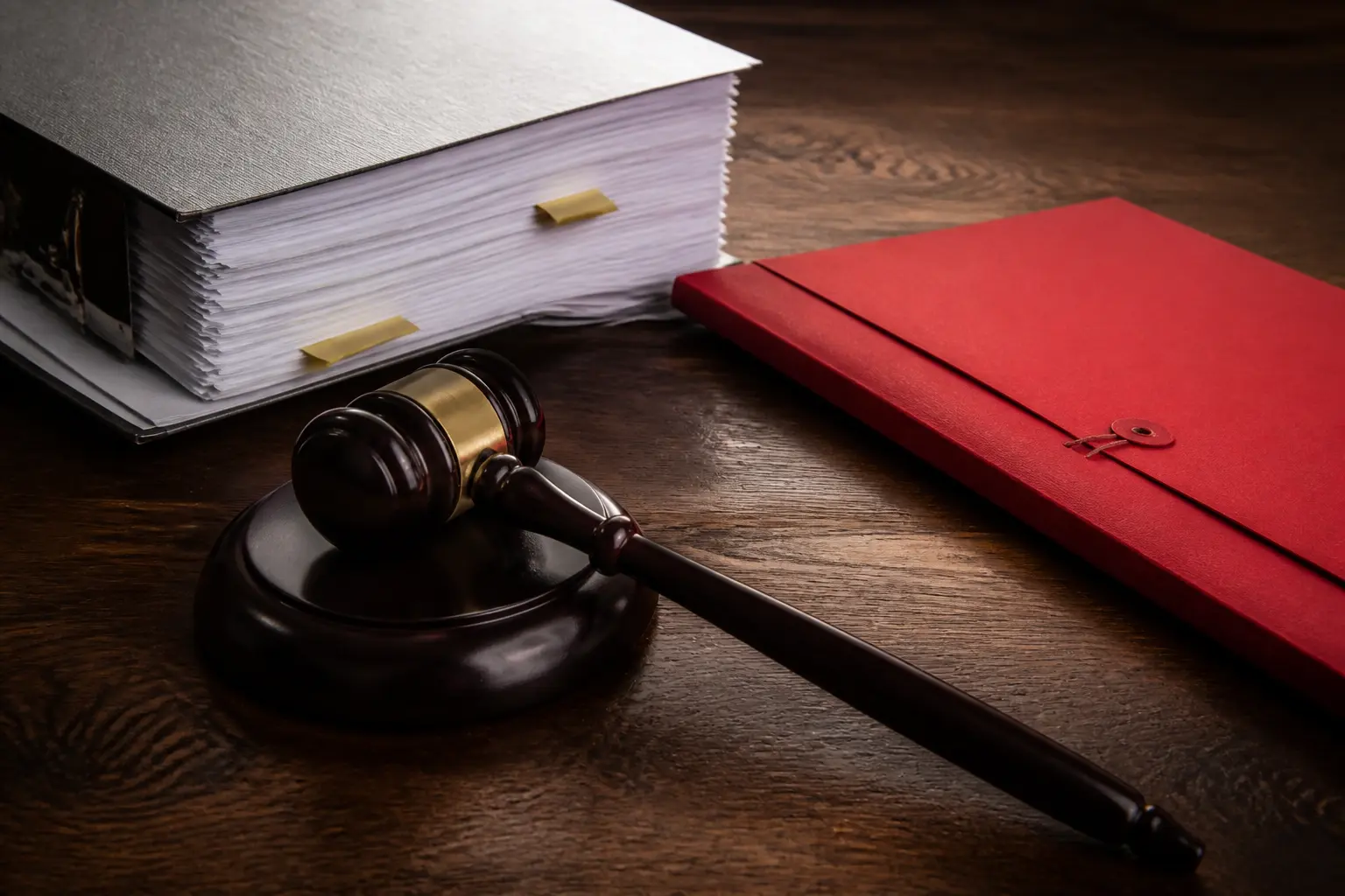 Wooden gavel, legal pack and a red document folder on a dark oak table