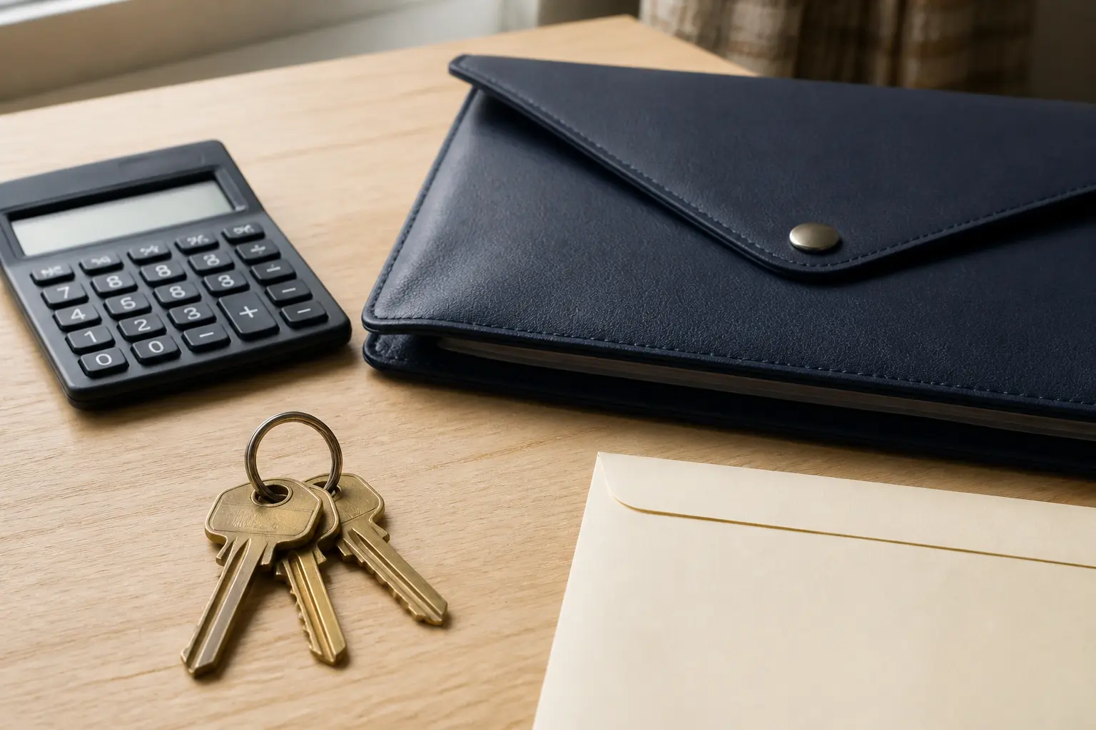Brass house keys, a calculator and a navy document wallet on a desk