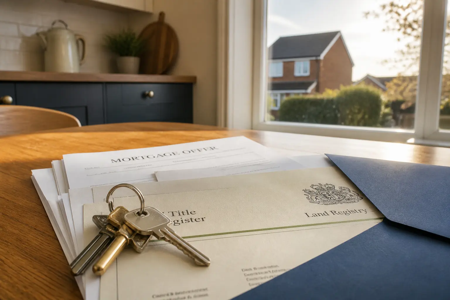 House keys on a mortgage offer and title documents, with a brick house outside the window