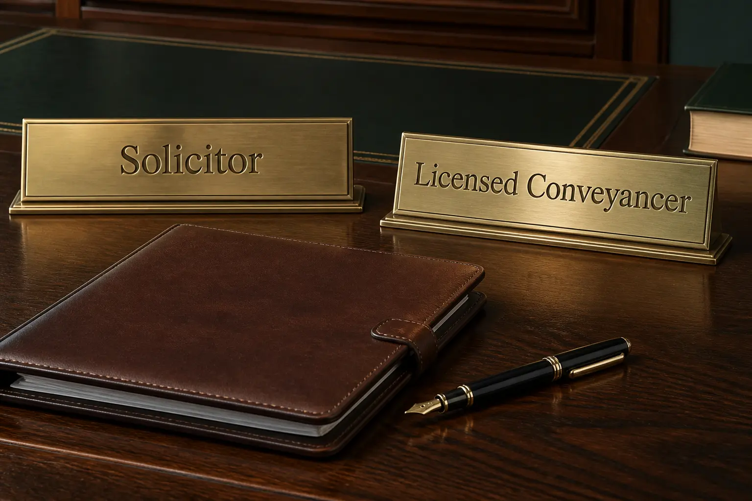 Two brass nameplates on a desk, one reading Solicitor and the other Licensed Conveyancer