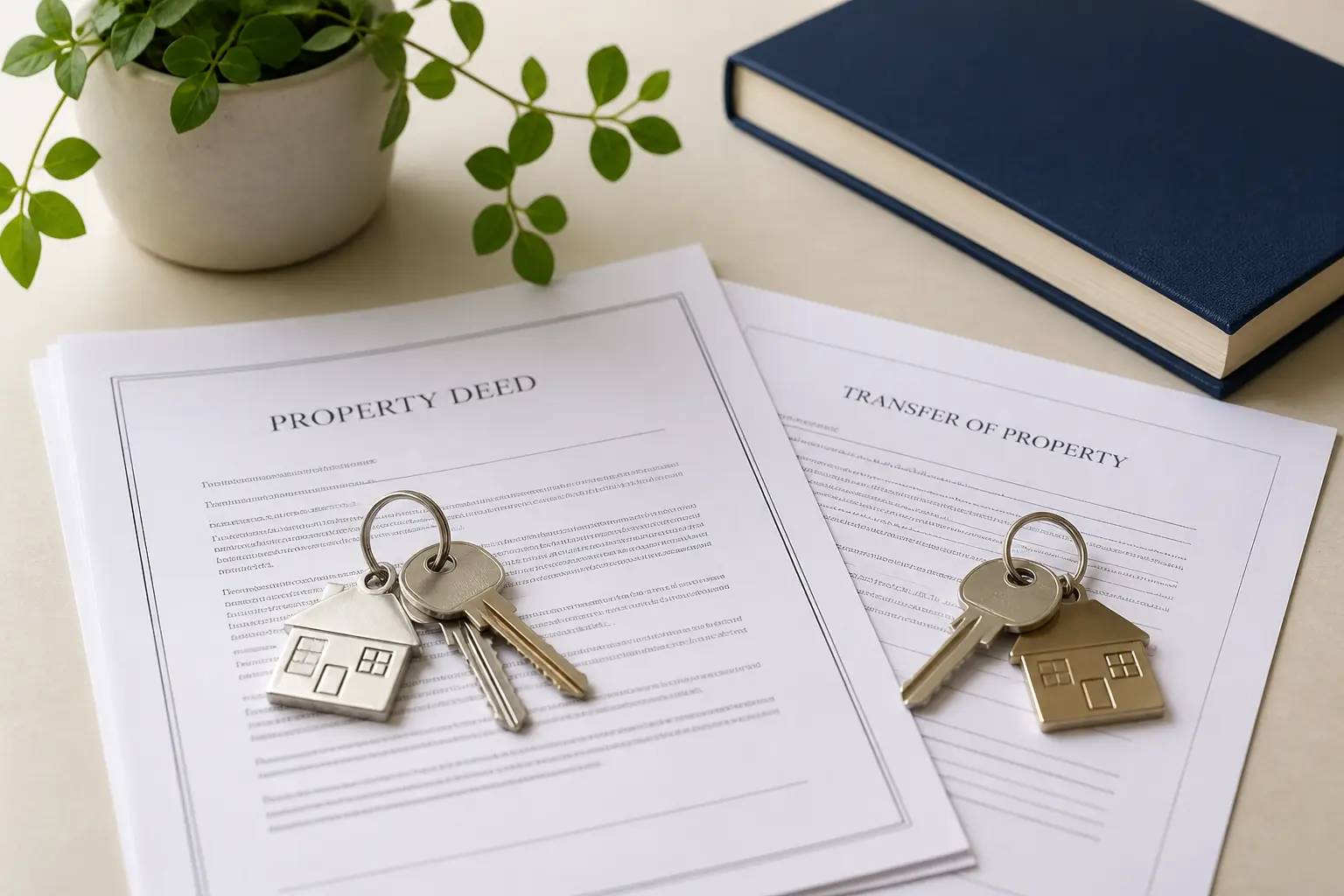 Two sets of house keys on property deed and transfer documents