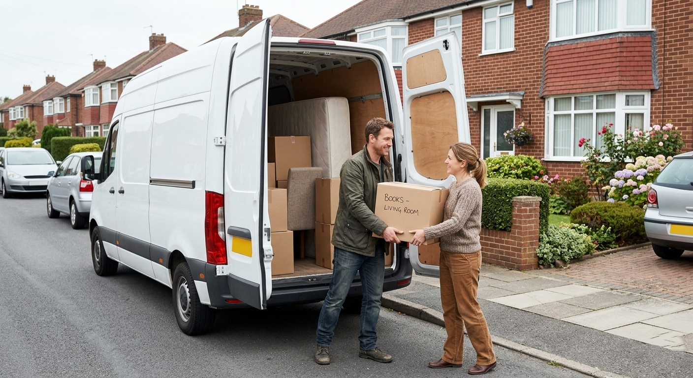 Couple unloading moving van outside new home